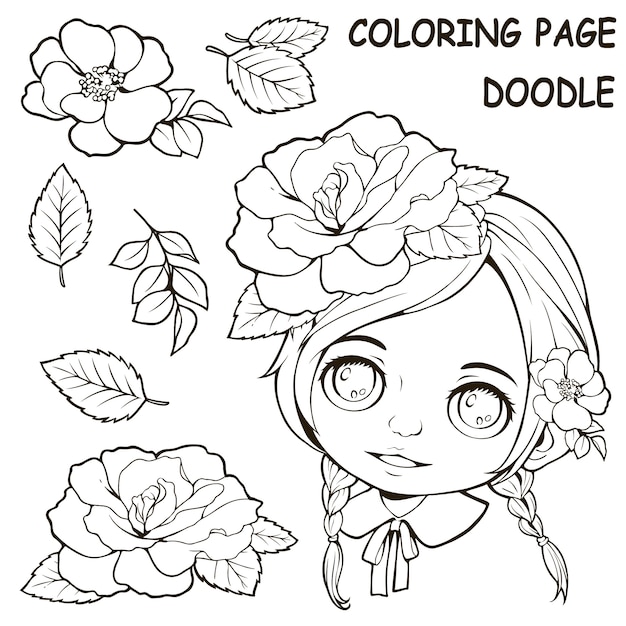 Cute girl and flower coloring pages