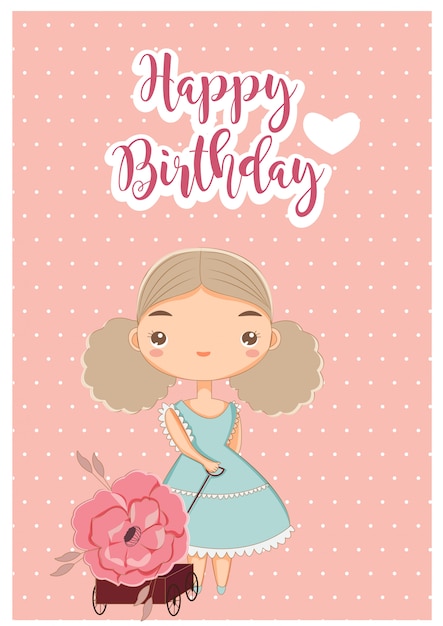 Vector cute girl and flower on happy birthday card