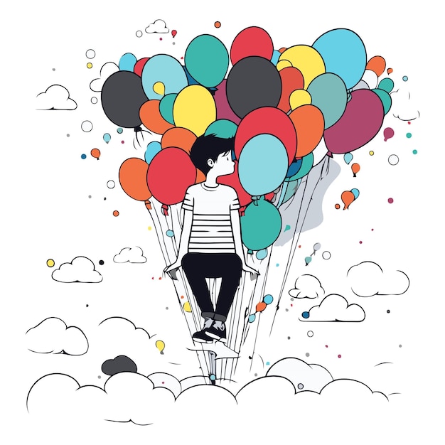 Милая девушка летит на воздушных шарах в облаках