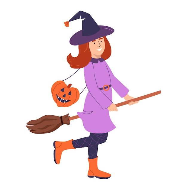 Cute girl flying on broom in bright Halloween witch costume with pumpkin lantern Vector illustration