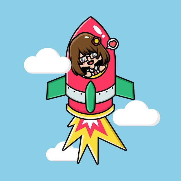 Cute girl on a flying rocket