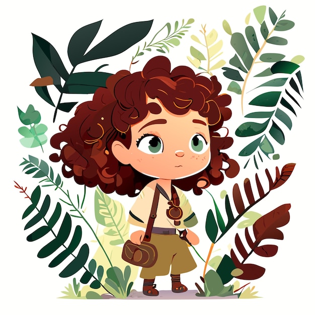 Vector cute girl in forest watercolor illustration for kids