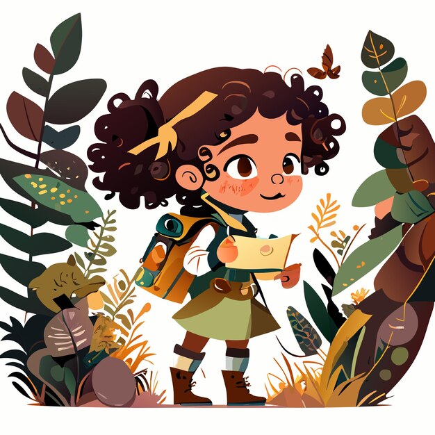 Vector cute girl in forest watercolor illustration for kids