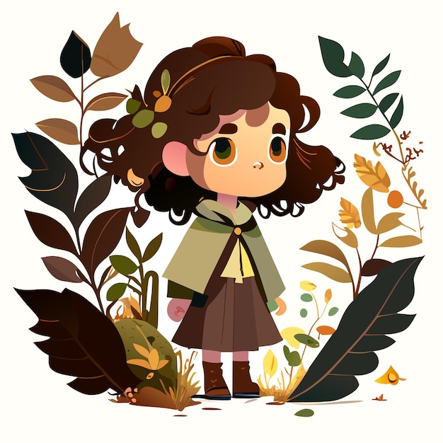 Vector cute girl in forest watercolor illustration for kids