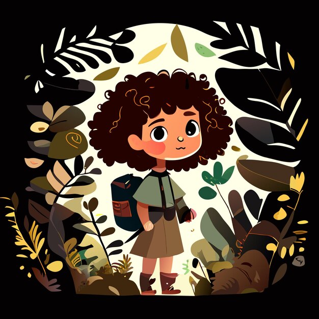 Vector cute girl in forest watercolor illustration for kids