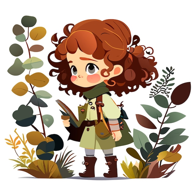 Vector cute girl in forest watercolor illustration for kids