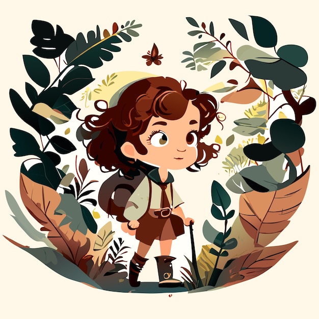 Vector cute girl in forest watercolor illustration for kids