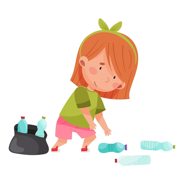 cute girl gathering plastic bottles for recycling vector illustration