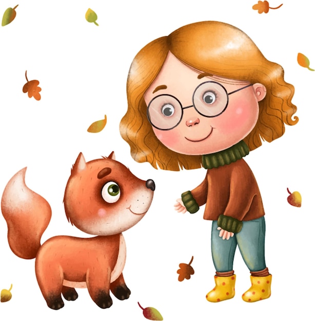 Cute girl in glasses walks red fox