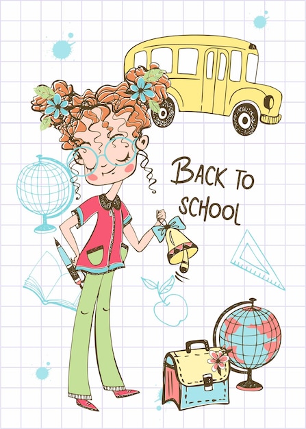 可愛い女の子が学校に行く学校のベルをつけた学校の女の子学校に戻るベクトル