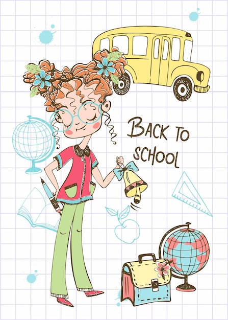 Vector cute girl goes to school a schoolgirl with a school bell back to school vector