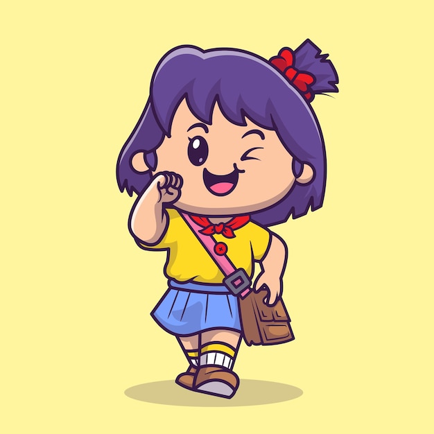 Cute Girl Going To School Cartoon Vector Icon Illustration. People Education Icon Concept Isolated Premium Vector. Flat Cartoon Style