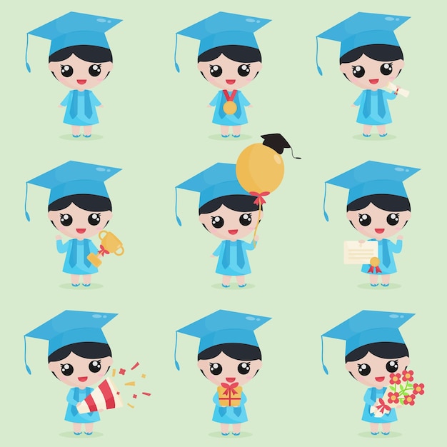 Cute girl graduation character with graduation elements in set bundle