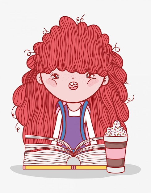 Cute girl hairred with smoothie and book cartoon