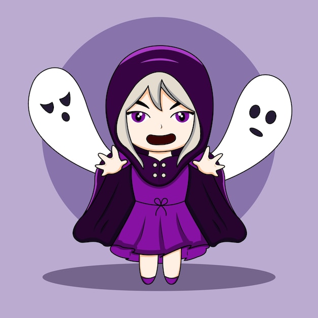 Vector cute girl halloween costume with two ghost illustration