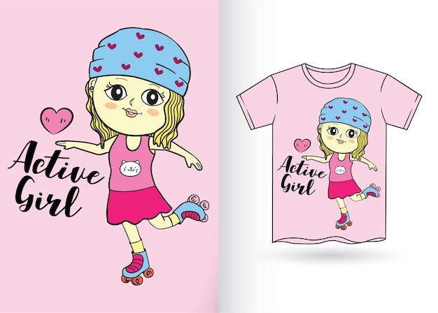 Cute girl hand drawn cartoon for t shirt