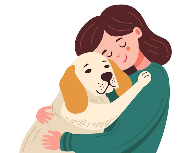 Vector cute girl happily hugs her dog