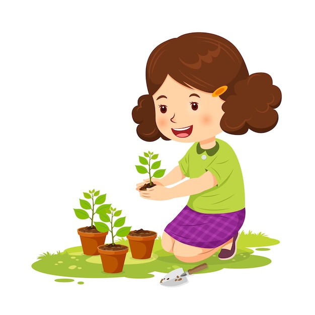 Vector cute girl happy planting trees