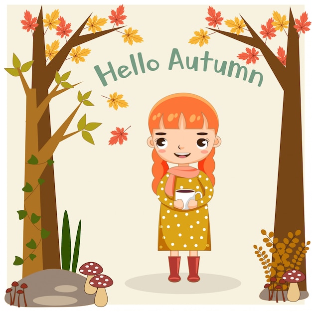 Vector cute girl happy with autumn season.