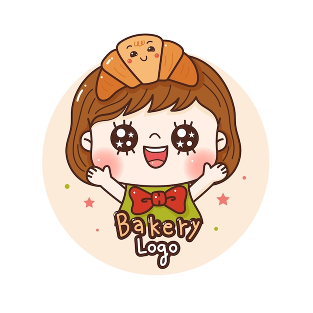 Cute girl happy with croissant  Logo for bakery