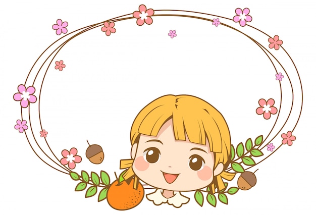 Cute girl head character with flower vine frame