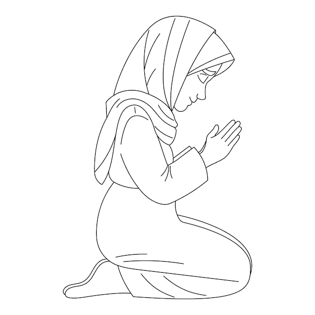 cute girl in a headscarf prays on her knees with her eyes closed