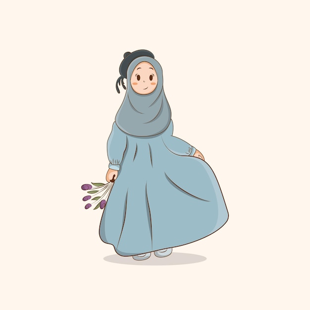 벡터 꽃 벡터 일러스트 레이 션, hijab 만화와 이슬람 소녀를 들고 귀여운 소녀 hijab