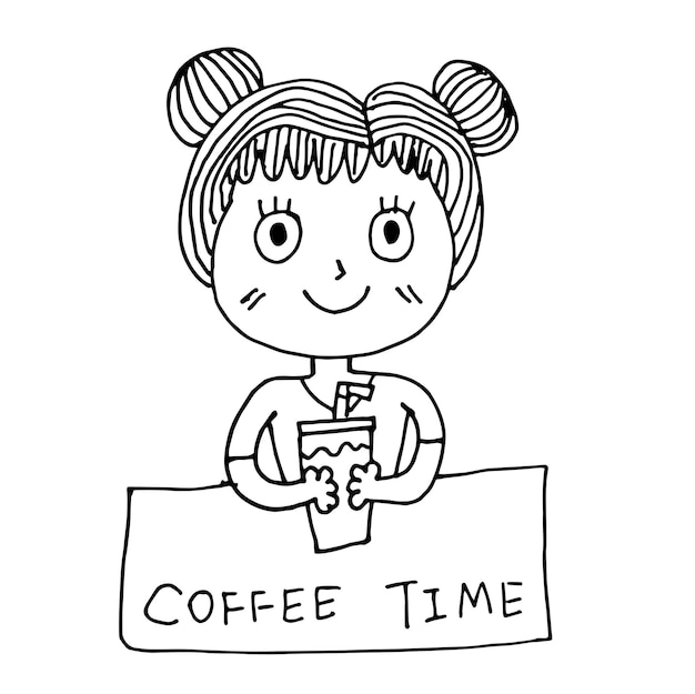 Cute girl hold ice coffee glass cartoon doodle hand draw black line on white background