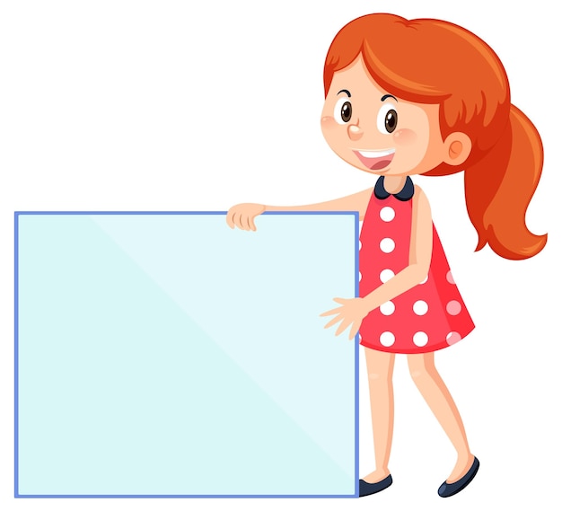 Cute girl holding blank board in cartoon style