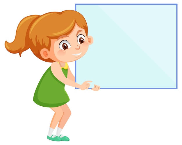 Vector cute girl holding blank board in cartoon style