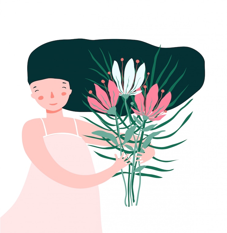 Vector 꽃의 꽃다발을 들고 귀여운 여자