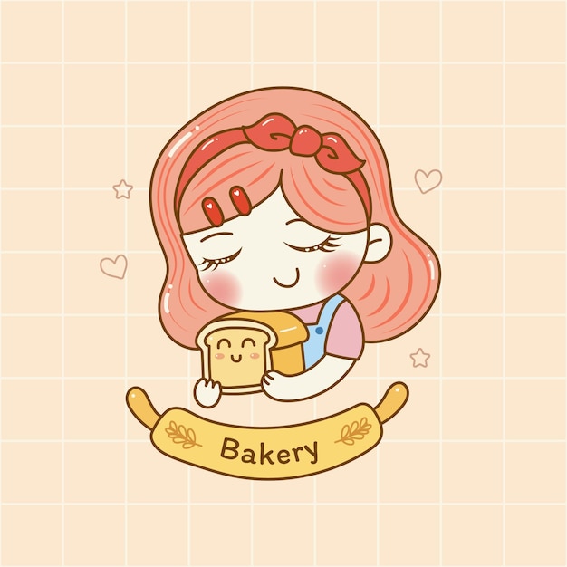 Vector cute girl holding bread bakery logo cartoon hand draw