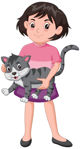 Vector cute girl holding cat vector illustration