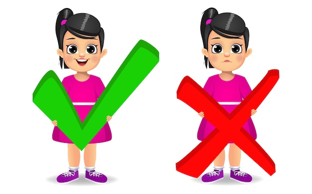 Cute girl holding correct and wrong sign vector