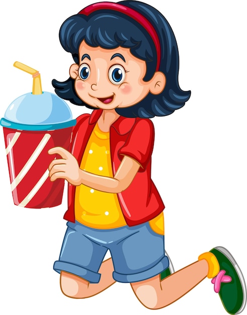 Vector a cute girl holding drink cup cartoon character isolated on white background