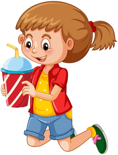 Vector a cute girl holding drink cup cartoon character isolated on white background