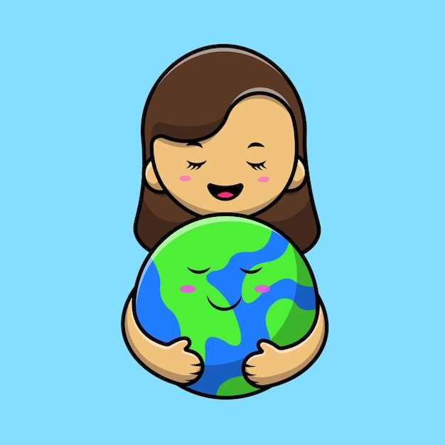 Cute Girl Holding Earth Cartoon Vector Icon Illustration