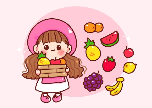 과일 바구니를 들고 귀여운 소녀 유기농 식품 자연 제품 로고 만화 손으로 그린 만화