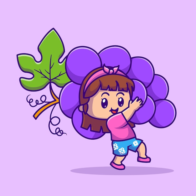 Cute Girl Holding Grape Cartoon Vector Icon Illustration. People Fruit Icon Concept Isolated Premium Vector. Flat Cartoon Style