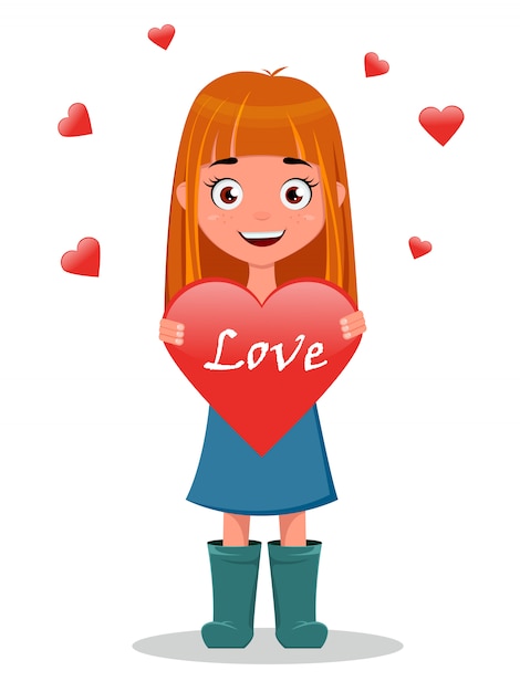 Vector cute girl holding heart sign