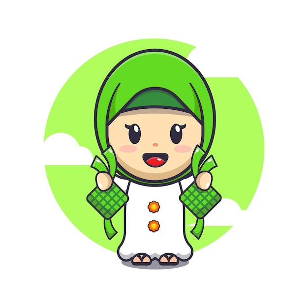 Cute girl holding ketupat cartoon vector illustration Ramadan cartoon mascot vector illustration