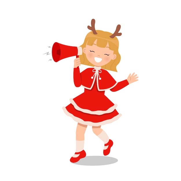 Cute girl holding a megaphone in santa costume dress. flat cartoon character isolated on white background.