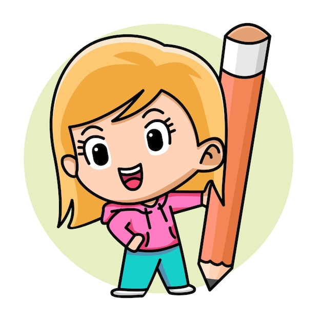 Cute girl holding pencil cartoon illustration