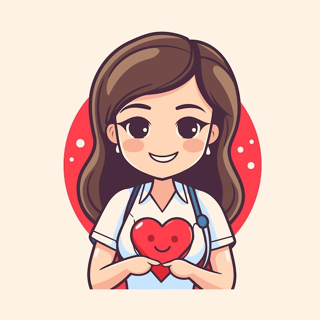 Cute girl holding a red heart Vector illustration in cartoon style