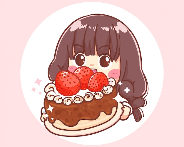 Cute girl holding strawberry cake. Cartoon illustration Premium Vector