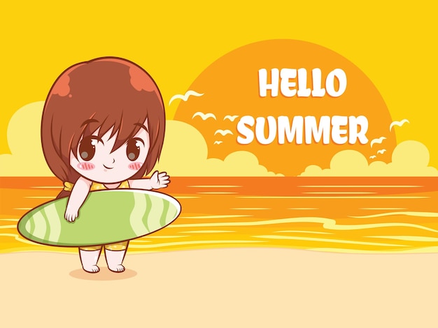 A cute girl holding a surfing board says hello summer summer greeting   illustration