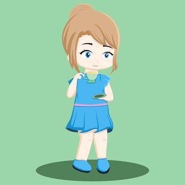 Vector cute girl holding tea cup illustration