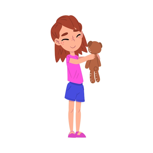 Cute Girl Holding Teddy Bear Adorable Kid Playing with her Favorite Toy Cartoon Vector Illustration on White Background