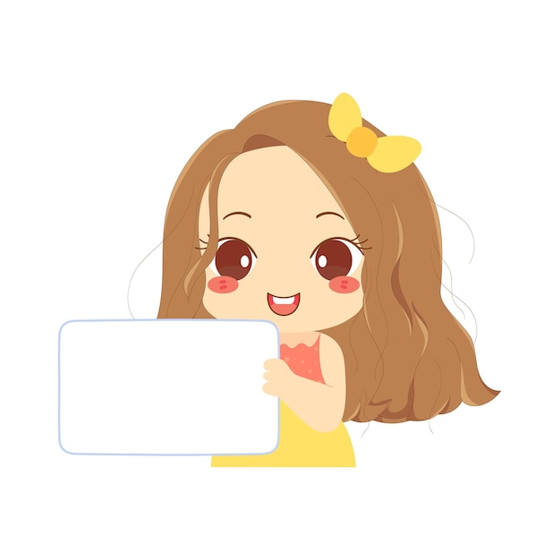 Cute Girl Holding White Board Paper Cartoon Illustration