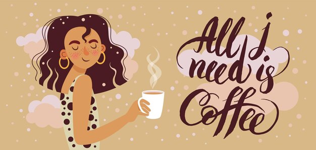 Vector cute girl holding a white cup of coffee